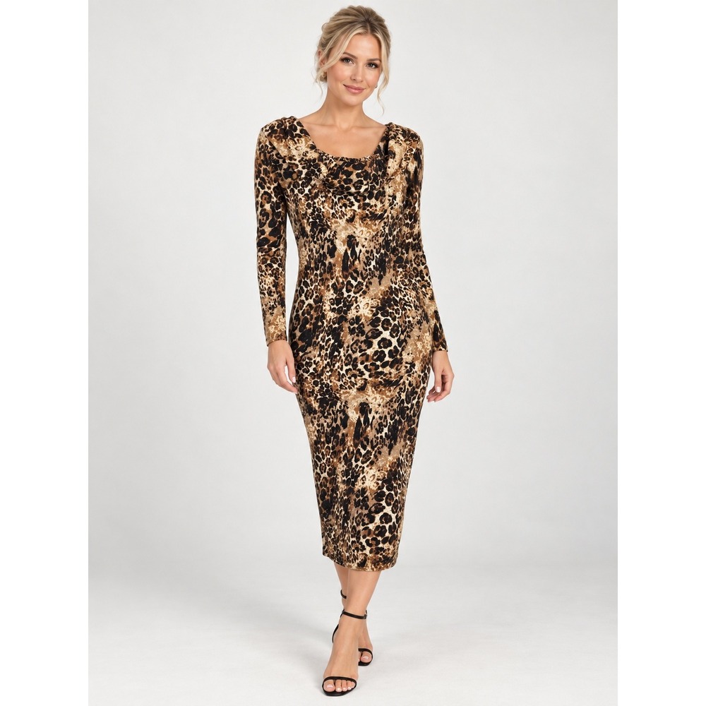 Stylive Leopard Print Cowl Neck Long Sleeve Midi Dress Brown Tan Black SD3150 L